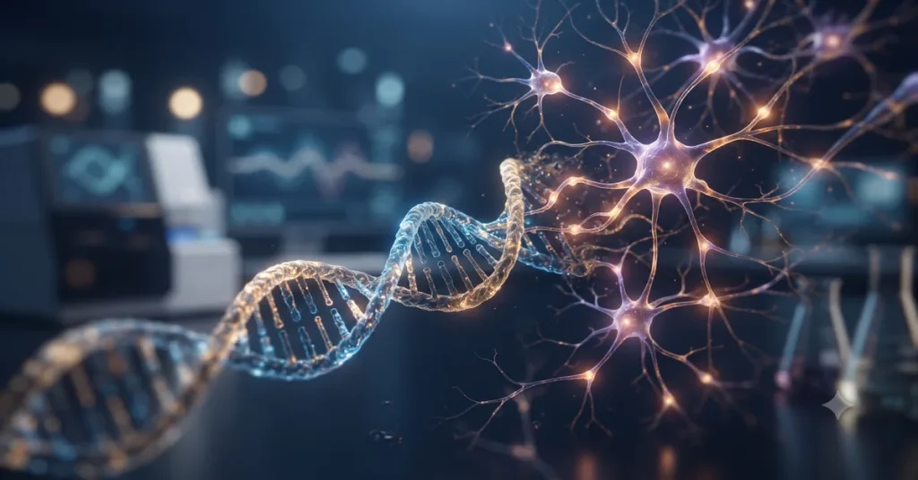 تصویر مفهومی از کدهای ژنتیکی DNA و ارتباطات عصبی مغز در بررسی ریشههای بیولوژیکی خوشبینی و بدبینی