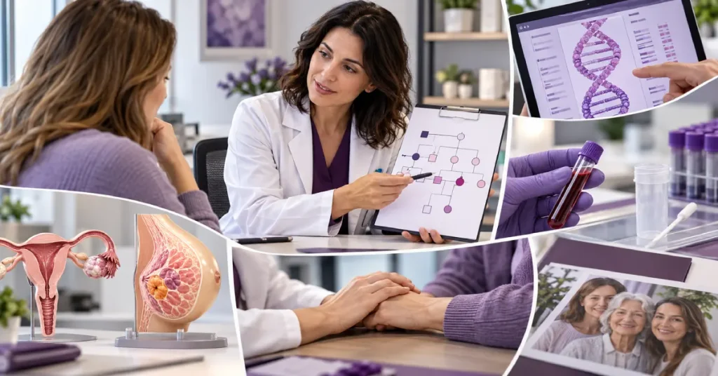 مشاوره ژنتیک برای بررسی ژن BRCA با نمایش سابقه خانوادگی سرطان، نتایج آزمایش ژنتیکی و ارزیابی خطر سرطان سینه و تخمدان