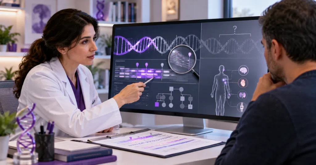 مشاوره ژنتیک برای تفسیر نتایج آزمایش WES با نمایش بررسی دادههای DNA، نتایج نامشخص ژنتیکی و ارزیابی شرایط فرد توسط متخصص