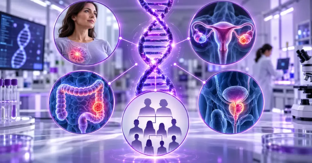 سرطانهای مرتبط با عوامل ژنتیکی با نمایش DNA، سابقه خانوادگی و ارتباط آن با سرطان پستان، تخمدان، روده بزرگ و پروستات
