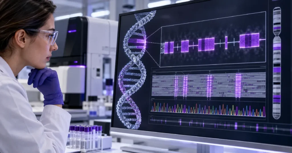 Genetics researcher in a laboratory analyzing DNA sequencing data on a large screen showing a DNA structure, exome regions, and WES test graphs